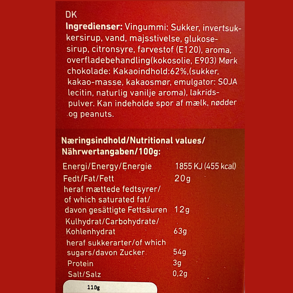 Lakridseriet Amsterdam chokoladeovertrukne vingummi med lakridspulver og ingrediensliste.