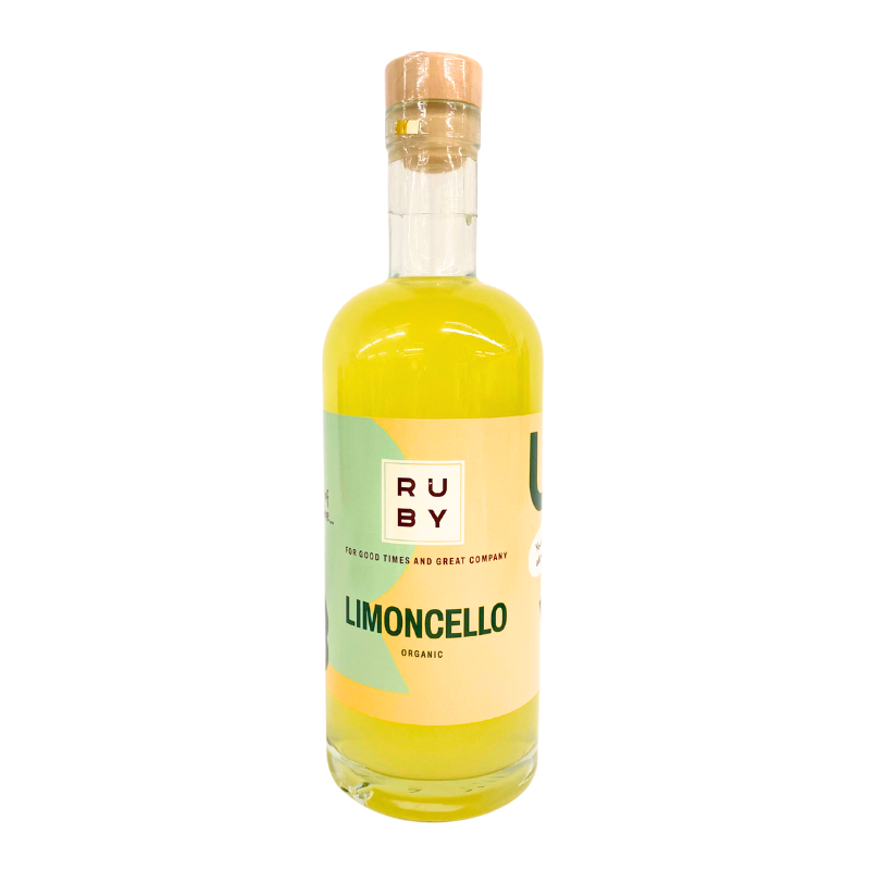 Økologisk limoncello fra RUBY. Lækker citrus likør, perfekt til sommer drinks og Limoncello Spritz.