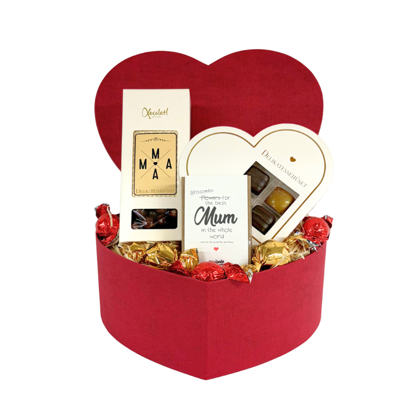Hjertegaveæske til mors dag med chokolade og blomsterbomber