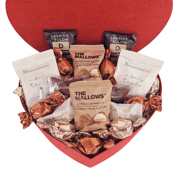 Hjertegaveæske - med eksklusive chokolader og lakrids