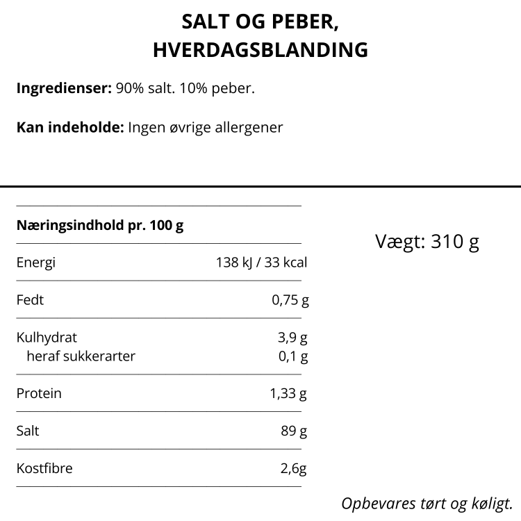 Næringsindhold og ingrediensliste for Nicolas Vahé Salt og Peber Hverdagsblanding på dansk.