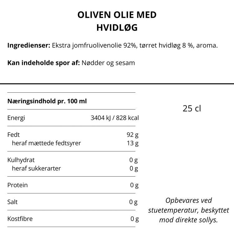 Næringsdeklaration og ingrediensliste for Nicolas Vahé olivenolie med hvidløg på dansk.