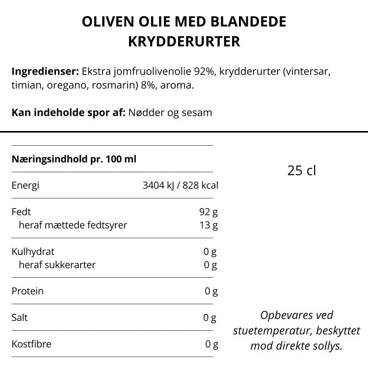 Næringsindhold og ingrediensliste for Nicolas Vahé olivenolie med blandede krydderurter på dansk.