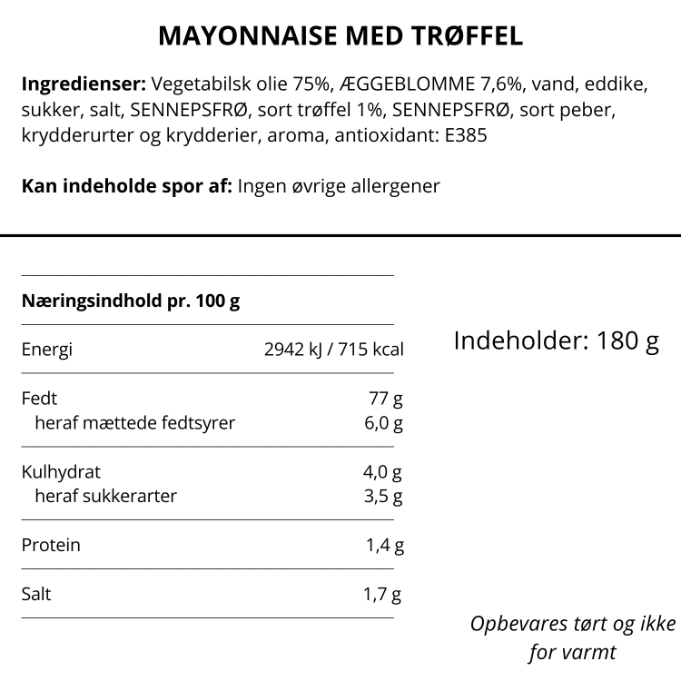 Næringsindhold og ingrediensliste for Nicolas Vahé mayonnaise med sort trøffel på dansk.