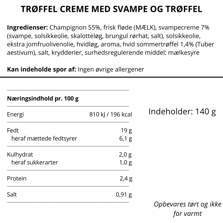 Næringsindhold og ingrediensliste for Nicolas Vahé trøffelcreme med svampe og hvid sommertrøffel.