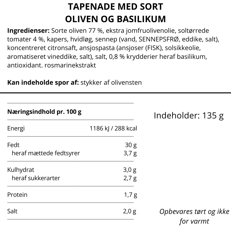Ingrediensliste og næringsindhold for tapenade med sort oliven og basilikum fra Nicolas Vahé.