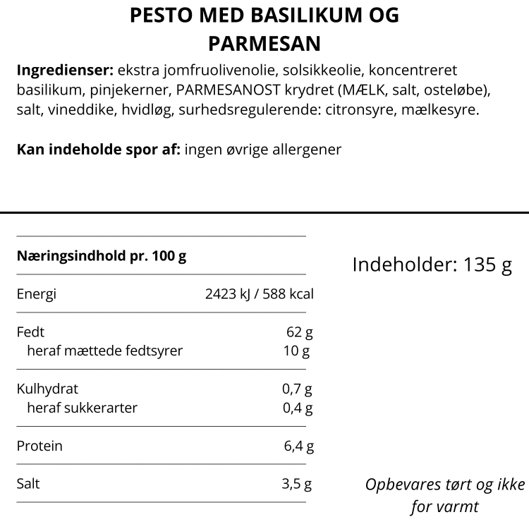 Næringsindhold og ingrediensliste for Nicolas Vahé pesto med basilikum og parmesan.