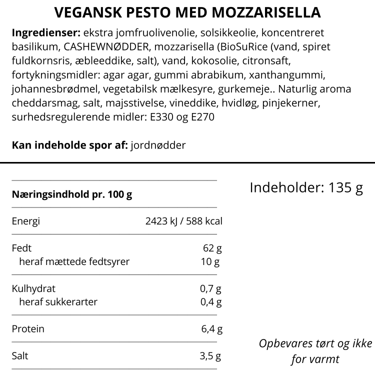 Ingrediensliste og næringsindhold for vegansk pesto med mozzarisella og basilikum fra Nicolas Vahé.