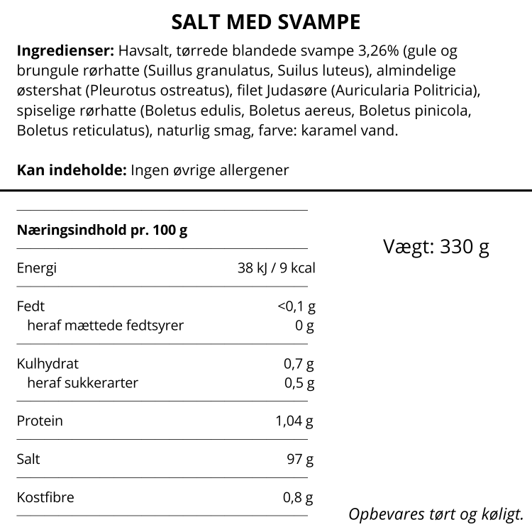 Næringsdeklaration og ingrediensliste for salt med svampe fra Nicolas Vahé.