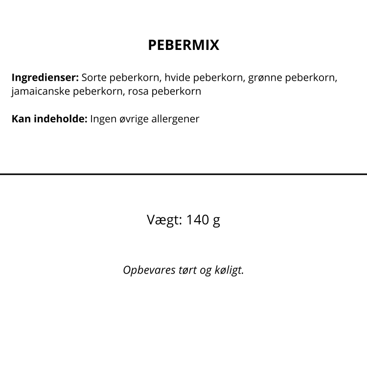 Oversigt over ingredienser og allergener for Nicolas Vahé pebermix på 140 gram.