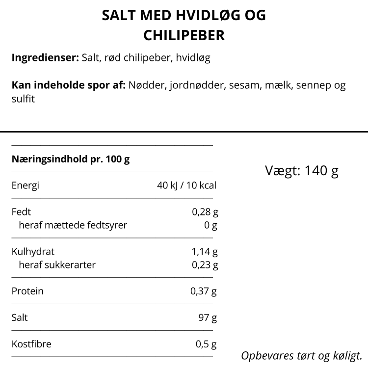 Næringsindhold og ingrediensliste for Nicolas Vahé salt med hvidløg og chilipeber.