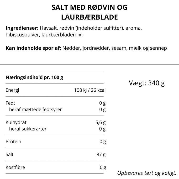 Varedeklaration med ingredienser og næringsindhold for Nicolas Vahe salt med rødvin og laurbærblade.