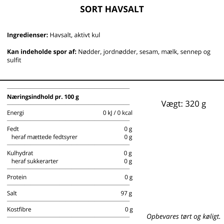 Næringsindhold og ingrediensliste for sort havsalt fra Nicolas Vahé med aktivt kul.