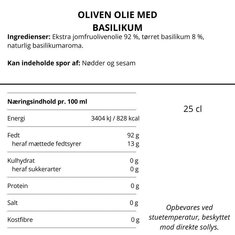 Varedeklaration og næringsindhold for Nicolas Vahé olivenolie med basilikum på dansk.
