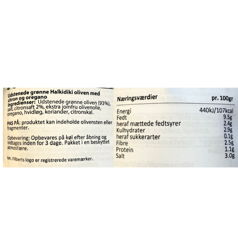 Næringsindhold og ingrediensliste for udstenede grønne Halkidiki oliven med citron og oregano.