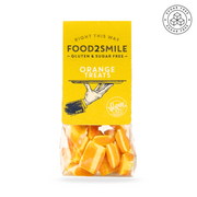 Pose med Orange Treats bolcher fra Food2Smile, sukkerfri og veganske bolcher med appelsinsmag.