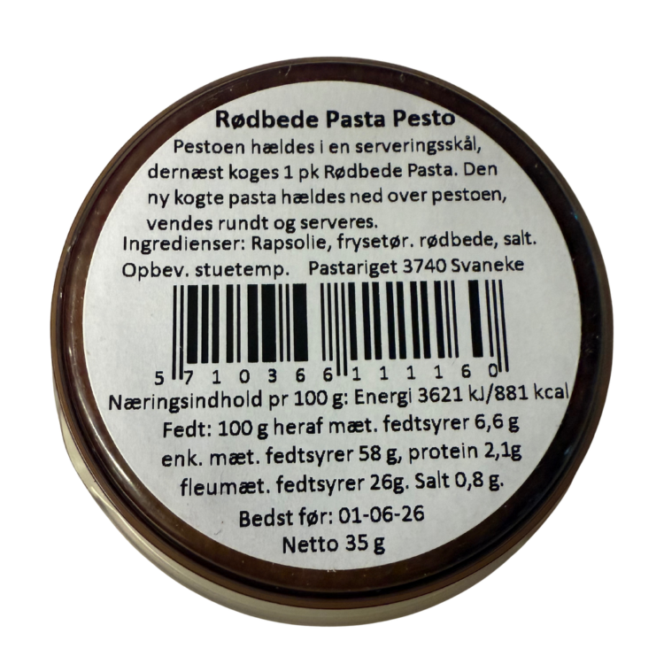 Rødbede Pasta Pesto fra Pastariget Bornholm med ingrediensliste og næringsindhold på låget.