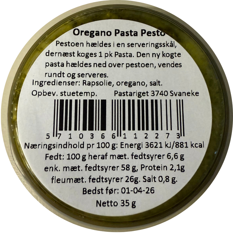 Oregano Pasta Pesto fra Pastariget på Bornholm med ingrediensliste og næringsindhold.