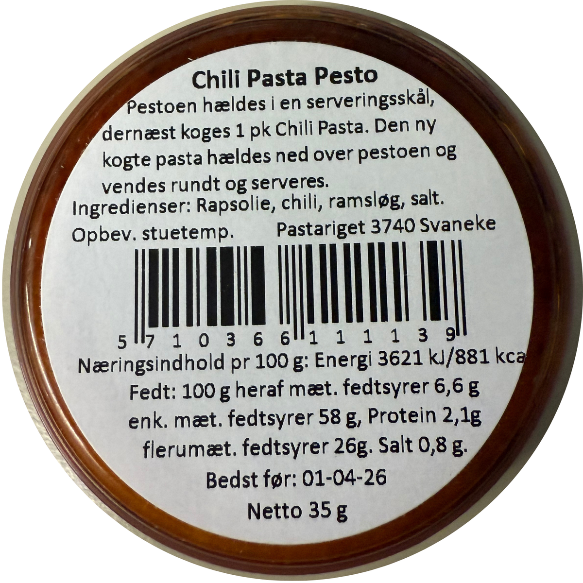 Næringsindhold og ingrediensliste for Chili Pasta Pesto fra Pastariget Bornholm.