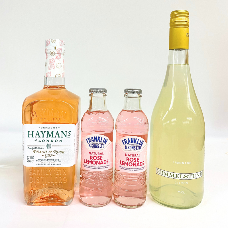 Peachy Rose drinkspakke med Hayman's Peach Rose Cup, Franklin Rose Lemonade og Himmelstund limonade.