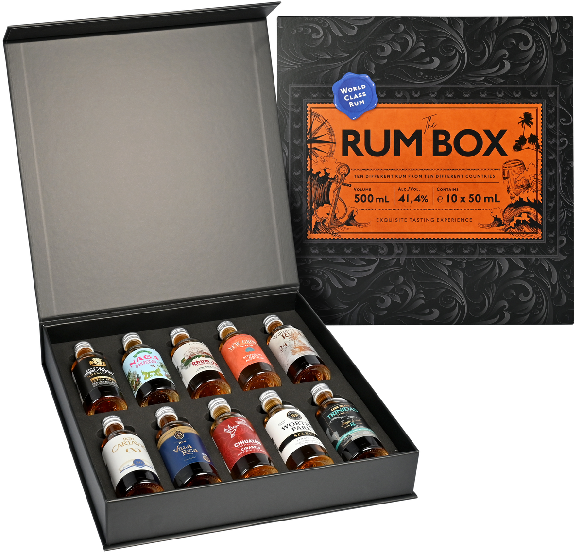 Gaveæske med spiritus, The Rum Box med ti forskellige små flasker rom til smagning.