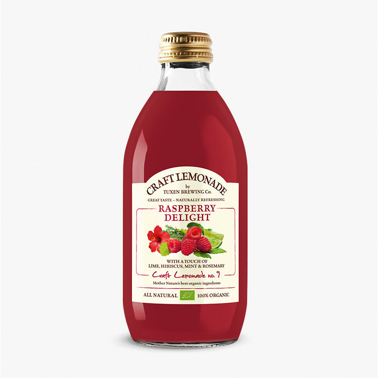 Økologisk Craft Lemonade Raspberry Delight fra Tuxen Brewing Co med smag af hindbær og lime.