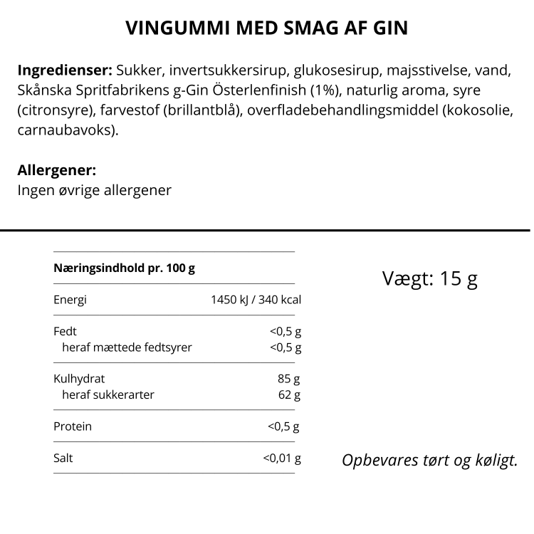 Ingrediensliste og næringsindhold for Sweeds vingummi med smag af gin på dansk.