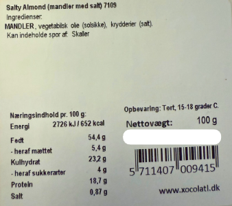 Ingrediensliste og næringsindhold for Salty Almond mandler med salt fra Xocolatl.