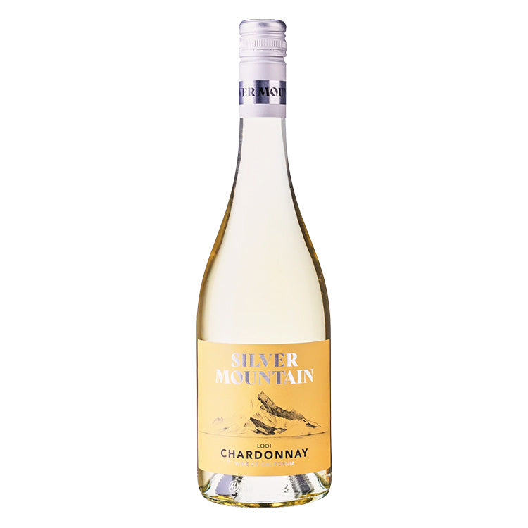 Flaske med Silver Mountain Chardonnay hvidvin fra Lodi i Californien, solgt af Delikatessehuset.