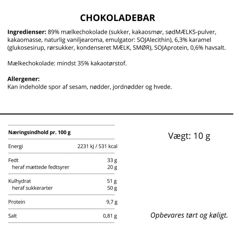 Ingrediensliste og næringsindhold for Simply Chocolate mælkechokoladebar med karamel og havsalt.