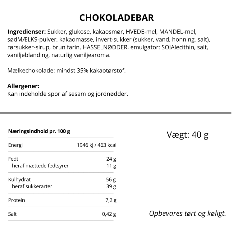 Ingrediensliste og næringsindhold for en mælkechokoladebar med karamel og havsalt på 40 gram.