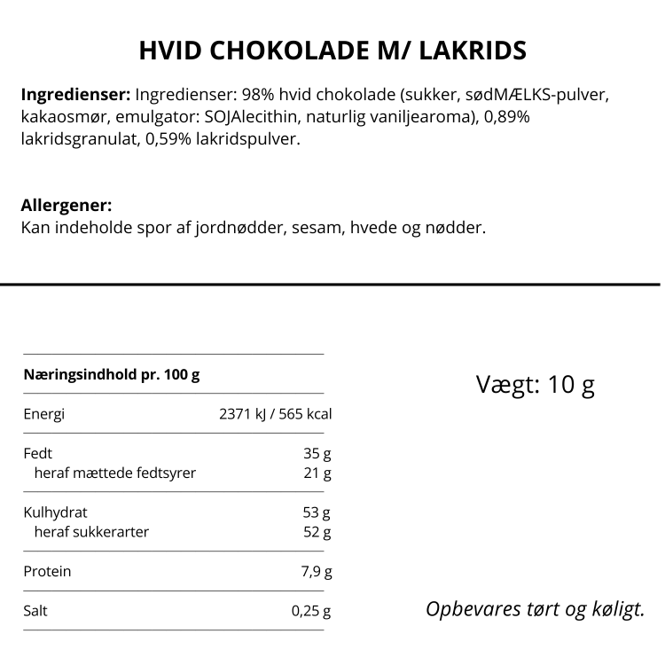 Ingrediensliste og næringsindhold for hvid chokolade med lakrids fra Simply Chocolate.