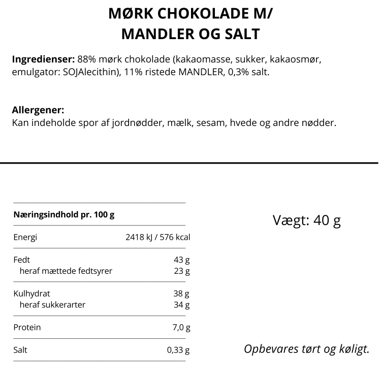 Næringsindhold og ingrediensliste for mørk chokolade med mandler og salt fra Simply Chocolate.