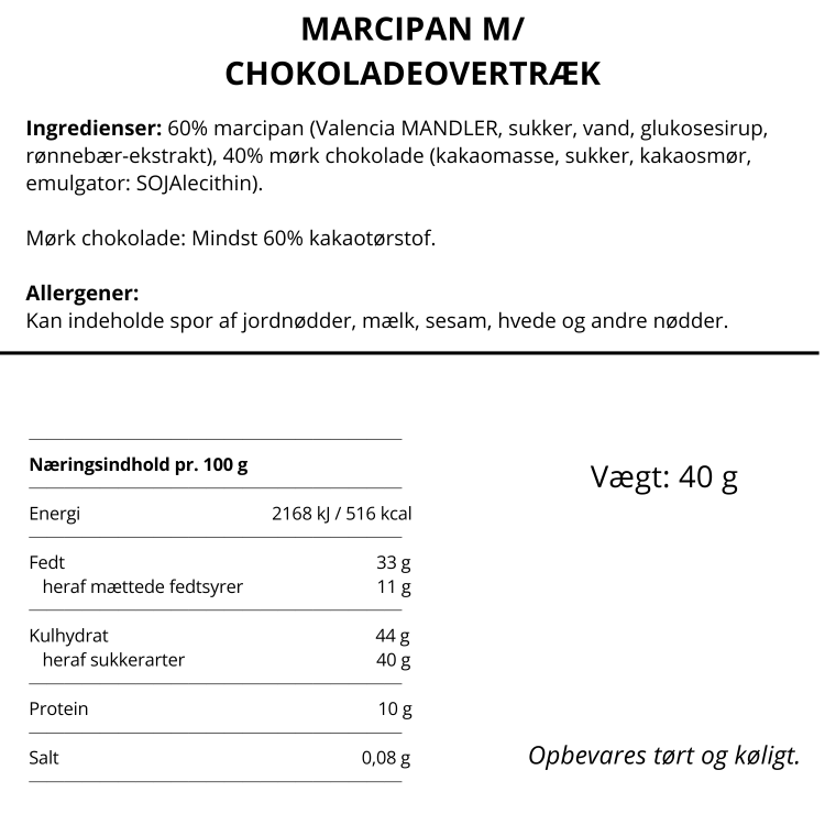 Oversigt over ingredienser og næringsindhold for Marcipan med Chokoladeovertræk fra Simply Chocolate.