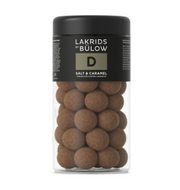 Lakrids by Bülow D - Salt & Caramel chokoladeovertrukket lakrids i gennemsigtig bøtte.