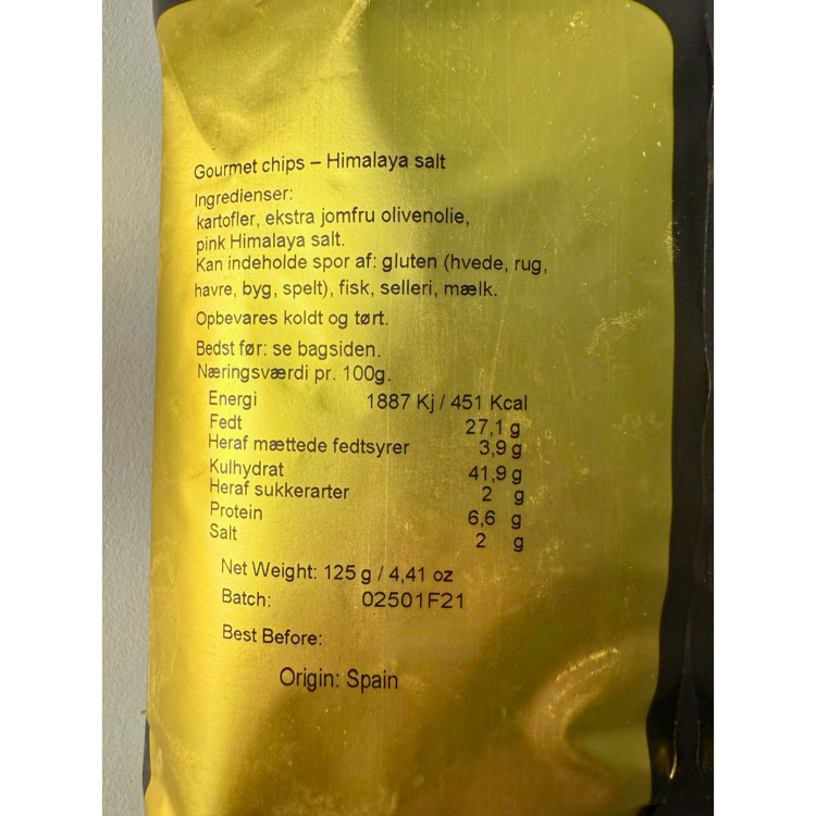 Næringsindhold og ingrediensliste for Snackgold Gourmet chips med Himalaya salt på dansk.