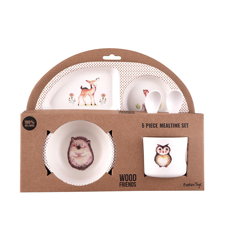 Barbo Toys Wood Friends spisesæt i 5 dele med søde skovdyr til børn.