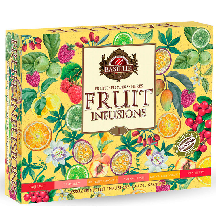 Basilur Fruit Infusions gaveæske med 60 tebreve, perfekt som værtsgave eller gourmetgave.