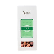 Gaveæske med saltede mandler og teksten TAK fra Delikatessehuset og Xocolatl.