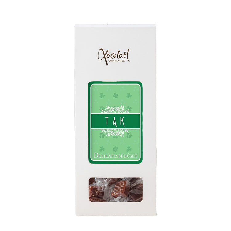 Gaveæske med Tak karameller fra Xocolatl Christiansfeld og Delikatessehuset til en sød takkegave.
