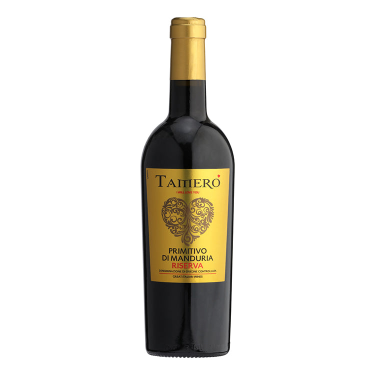 Tamero Primitivo di Manduria Riserva italiensk rødvin med guldlabel og hjerte fra Delikatessehuset.