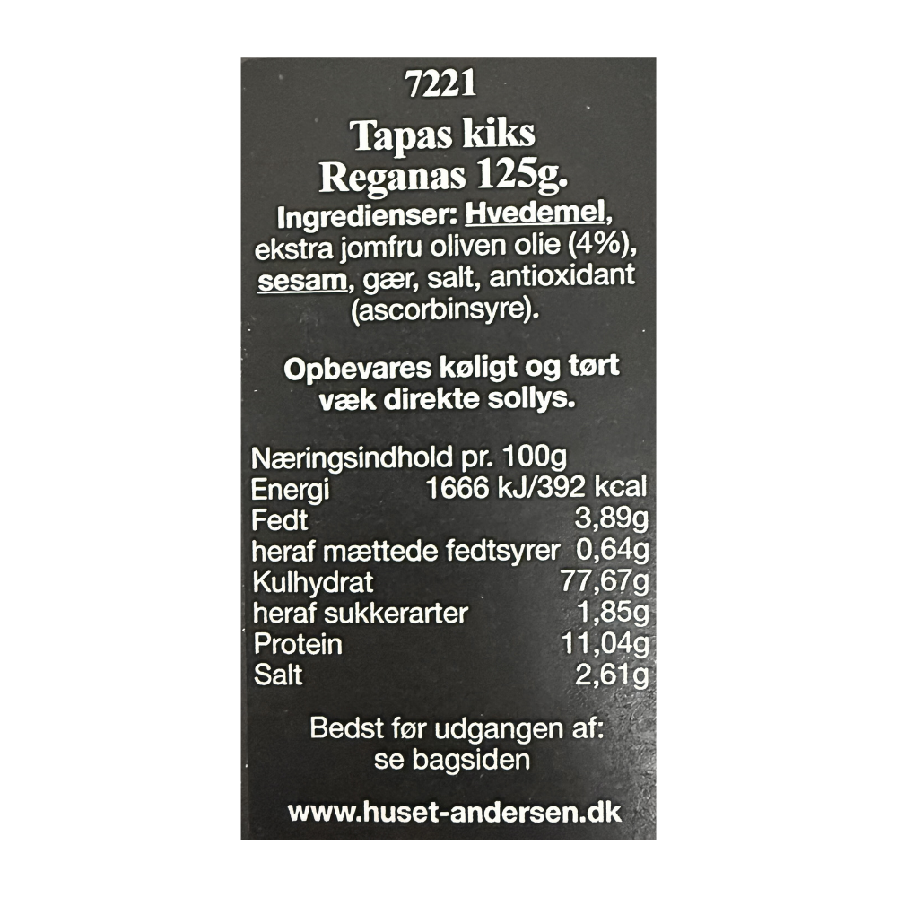 Pakke med Reganas tapaskiks med ingrediensliste og næringsindhold til tapas og snacks.