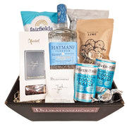 Gavekurv med Thank You tema indeholdende Hayman's Gin, tonic og snacks fra Delikatessehuset.