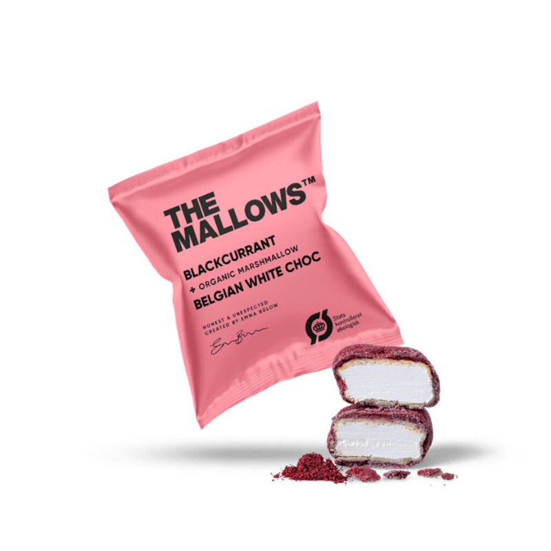 The Mallows økologisk marshmallow med solbær og hvid chokolade i lyserød indpakning.