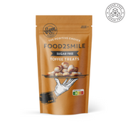 Pose med Food2Smile Toffee Treats sukkerfrie og veganske bolcher med karamelsmag.