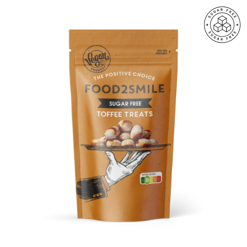Pose med Food2Smile Toffee Treats sukkerfrie og veganske bolcher med karamelsmag.