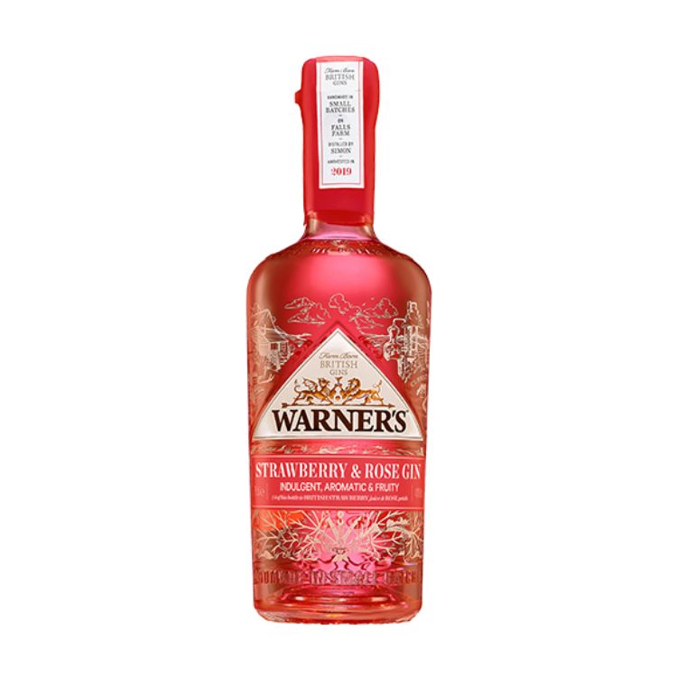 Flaske med Warners Strawberry og Rose Gin fra det britiske destilleri på Delikatessehuset.