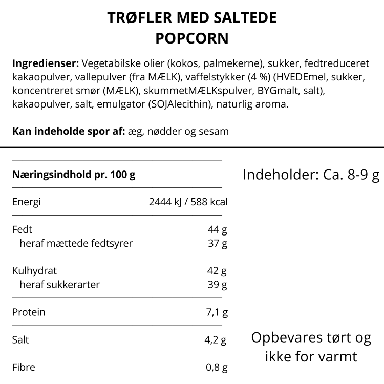 Ingrediensliste og næringsindhold for trøfler med saltede popcorn fra Delikatessehuset.