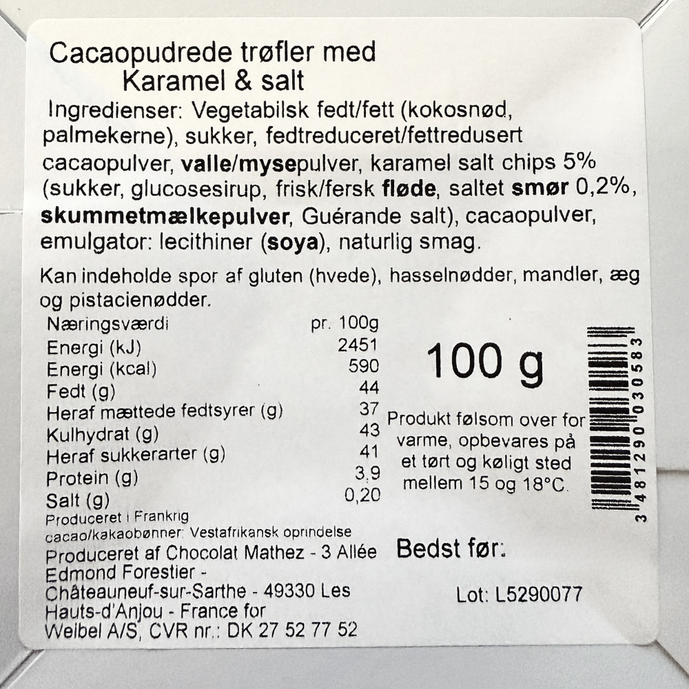 Ingrediensliste og næringsindhold for Weibel franske chokoladetrøfler med karamel og havsalt 100g.