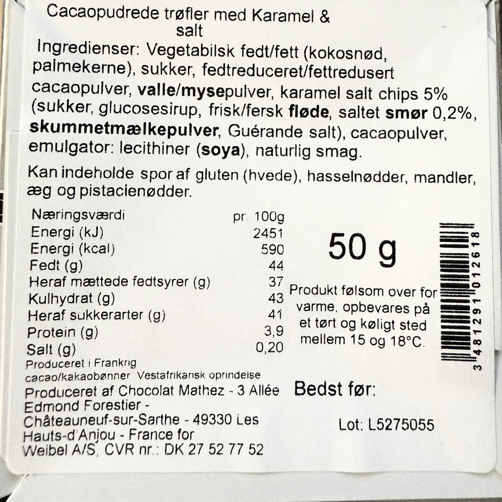 Ingrediensliste og næringsindhold for Weibel franske trøfler med karamel og salt.